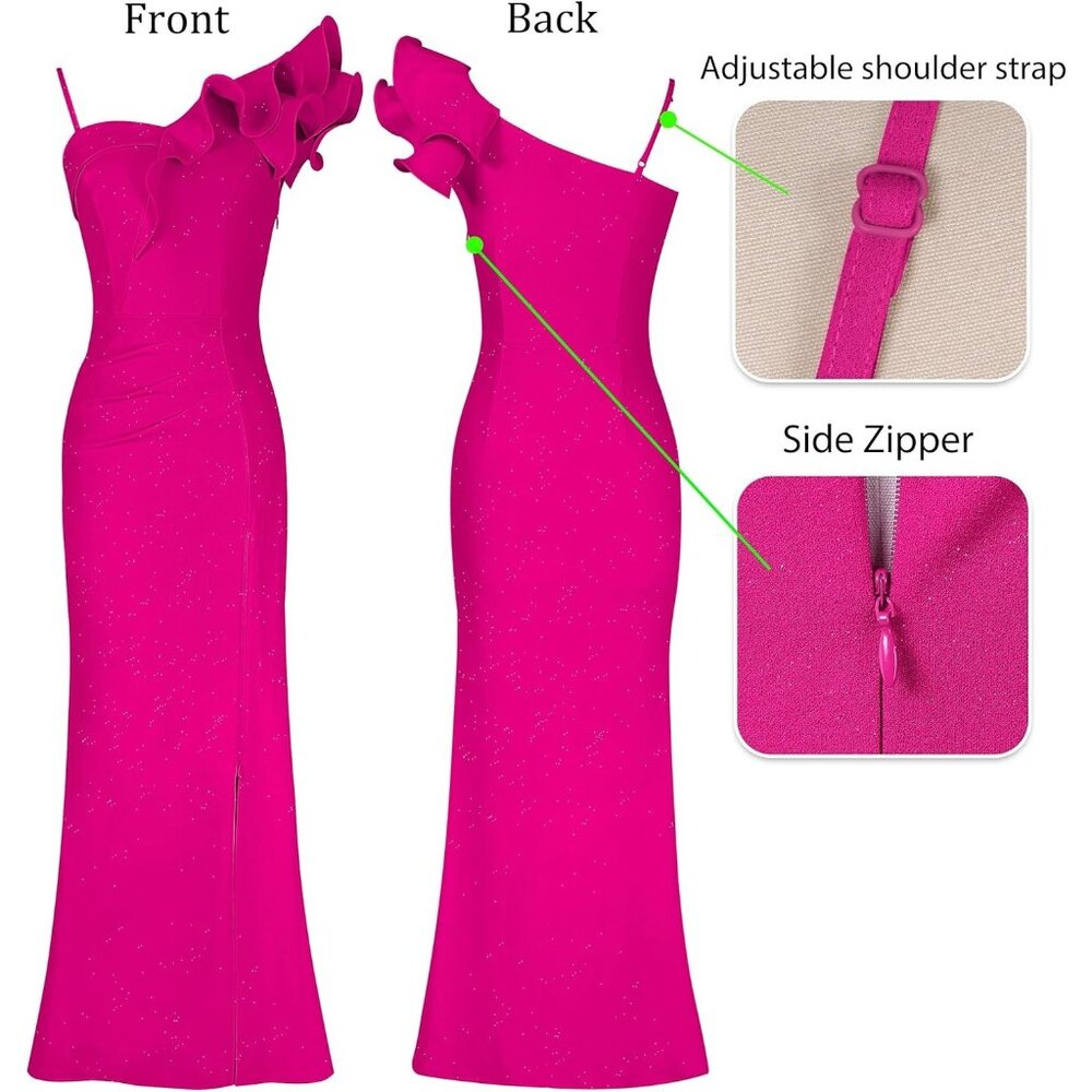 Womens Ruffle One Shoulder Strap Ruched Formal Prom Wedding Maxi Dress